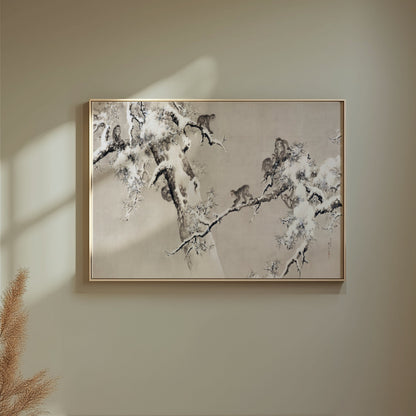 Premium Poster of Traditional Asian Monkeys in Snowy Tree Art Posters