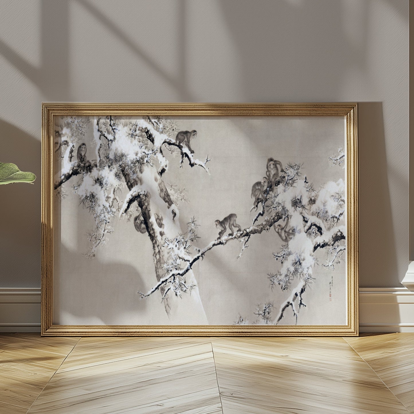 Premium Poster of Traditional Asian Monkeys in Snowy Tree Art Posters