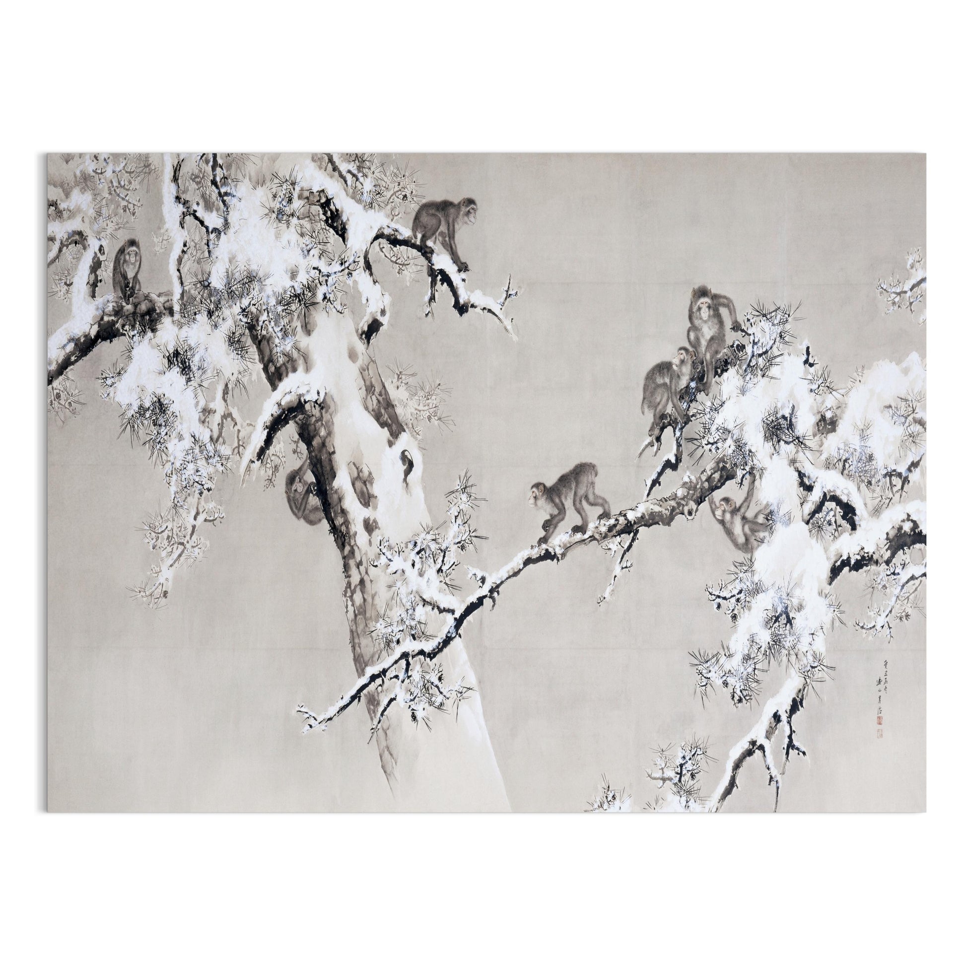 Premium Poster of Traditional Asian Monkeys in Snowy Tree Art Posters
