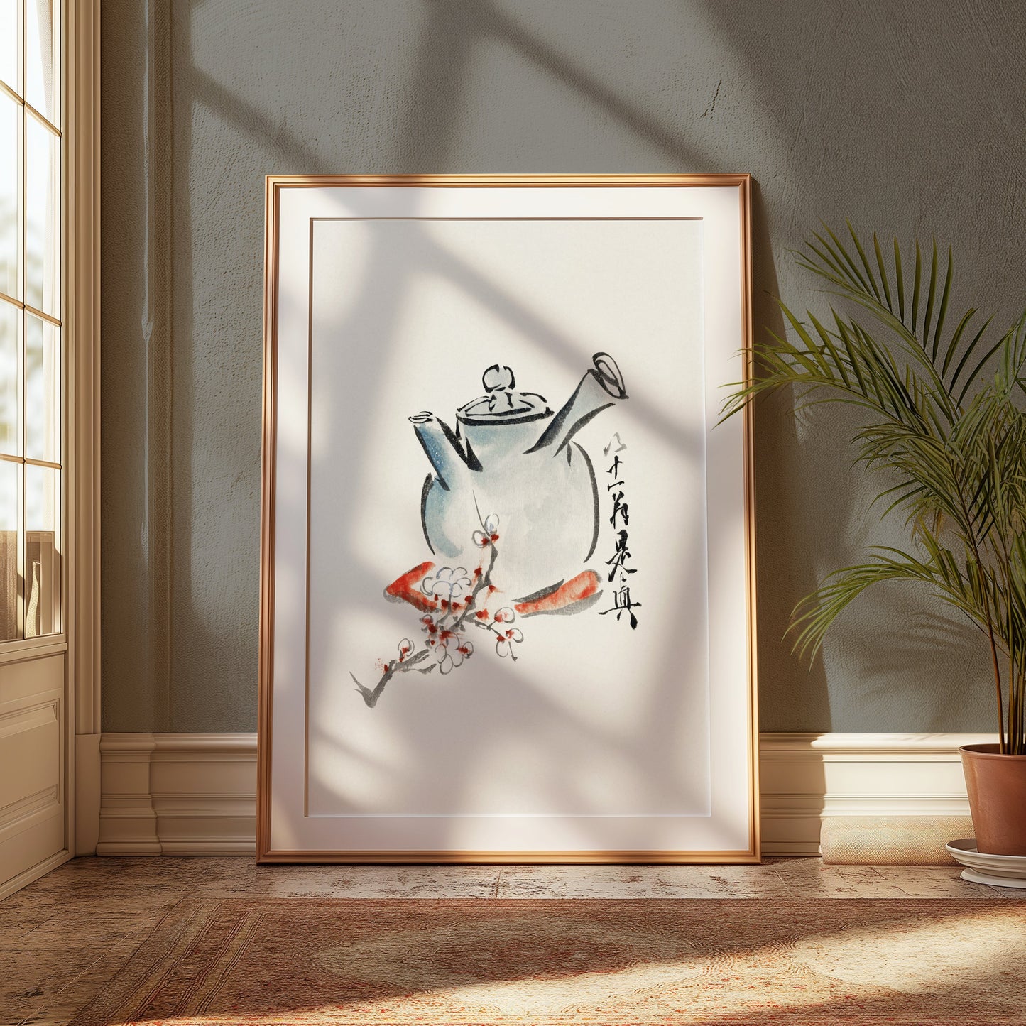 Premium Poster of Traditional Brush Painting Teapot with Floral Designs Posters