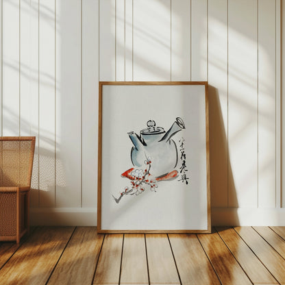 Premium Poster of Traditional Brush Painting Teapot with Floral Designs Posters