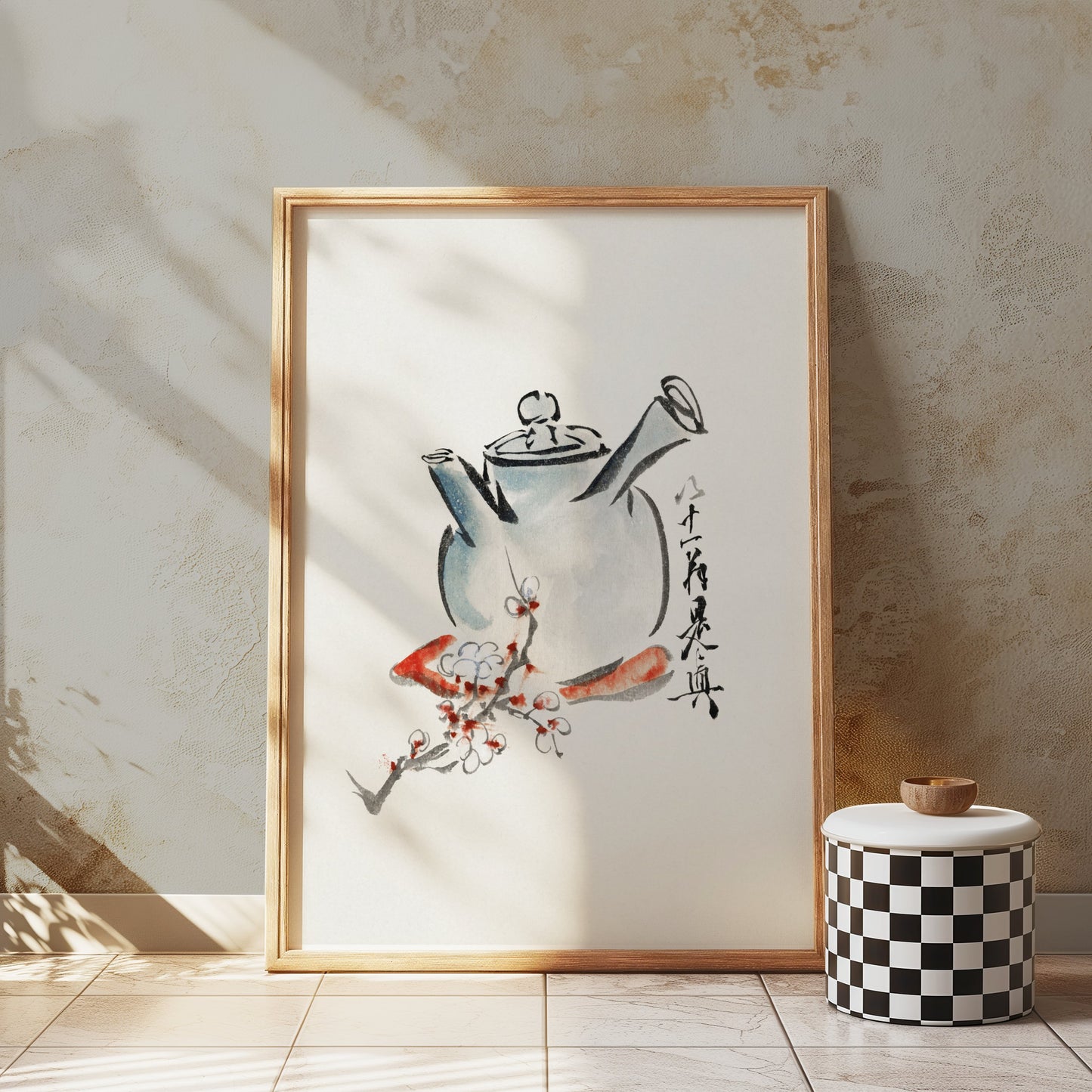 Premium Poster of Traditional Brush Painting Teapot with Floral Designs Posters