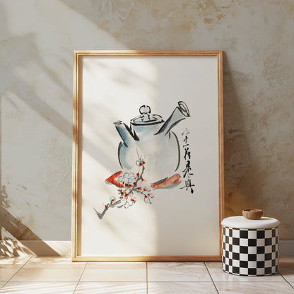 Premium Poster of Traditional Brush Painting Teapot with Floral Designs Posters