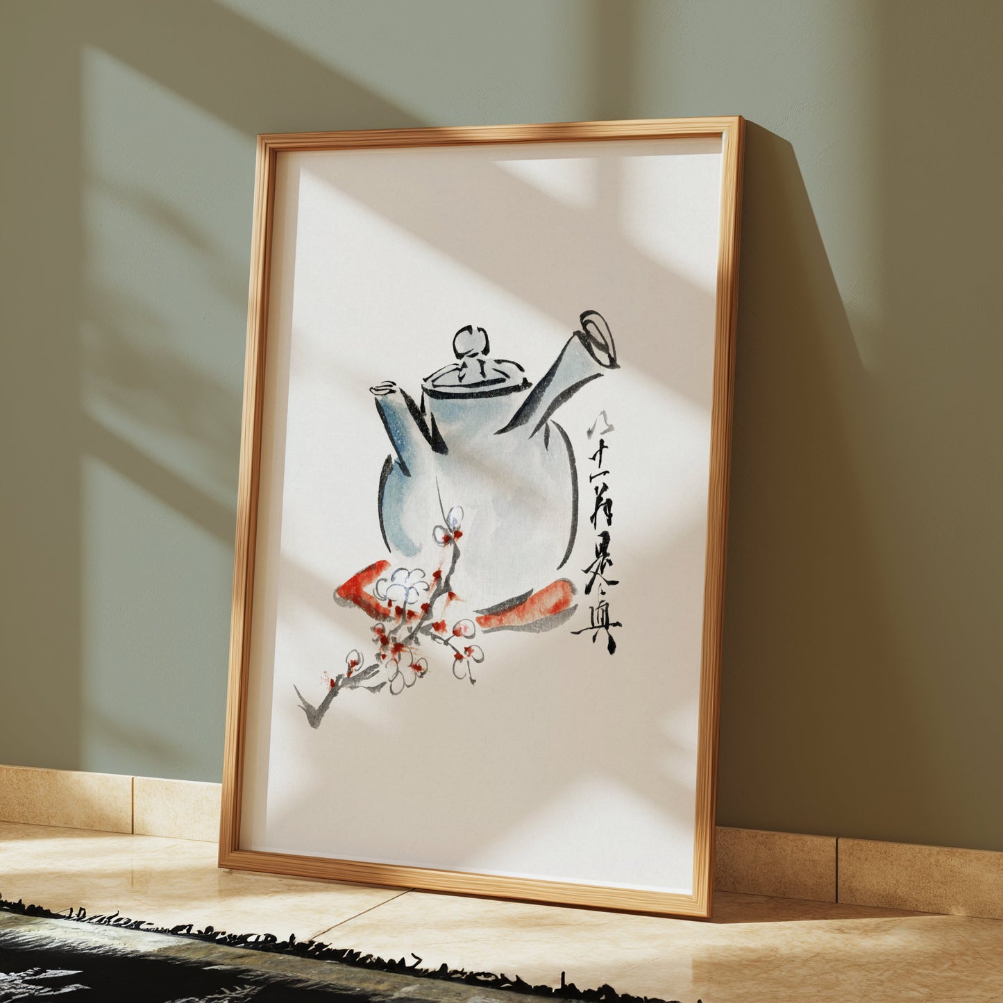 Premium Poster of Traditional Brush Painting Teapot with Floral Designs Posters