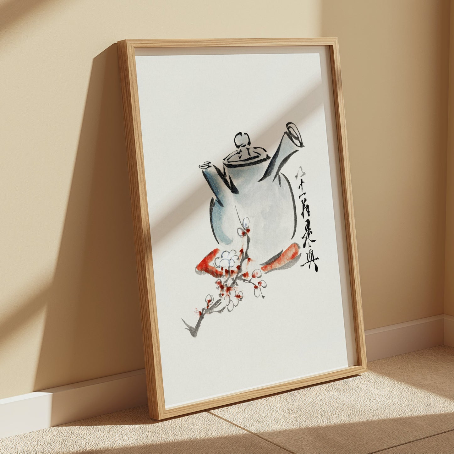 Premium Poster of Traditional Brush Painting Teapot with Floral Designs Posters