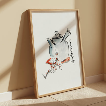 Premium Poster of Traditional Brush Painting Teapot with Floral Designs Posters