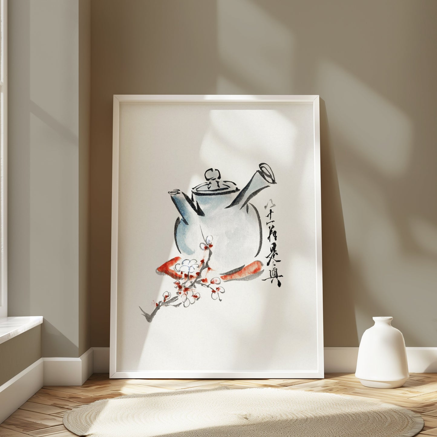 Premium Poster of Traditional Brush Painting Teapot with Floral Designs Posters