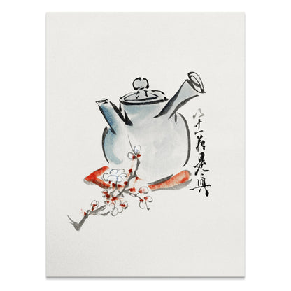 Premium Poster of Traditional Brush Painting Teapot with Floral Designs Posters
