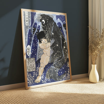 Premium Poster of Traditional Japanese Art Child and Fish Antique Posters