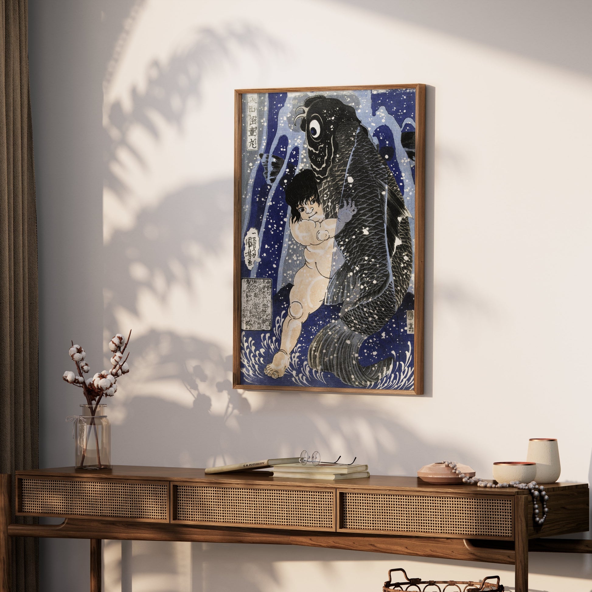 Premium Poster of Traditional Japanese Art Child and Fish Antique Posters
