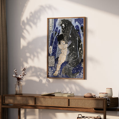 Premium Poster of Traditional Japanese Art Child and Fish Antique Posters