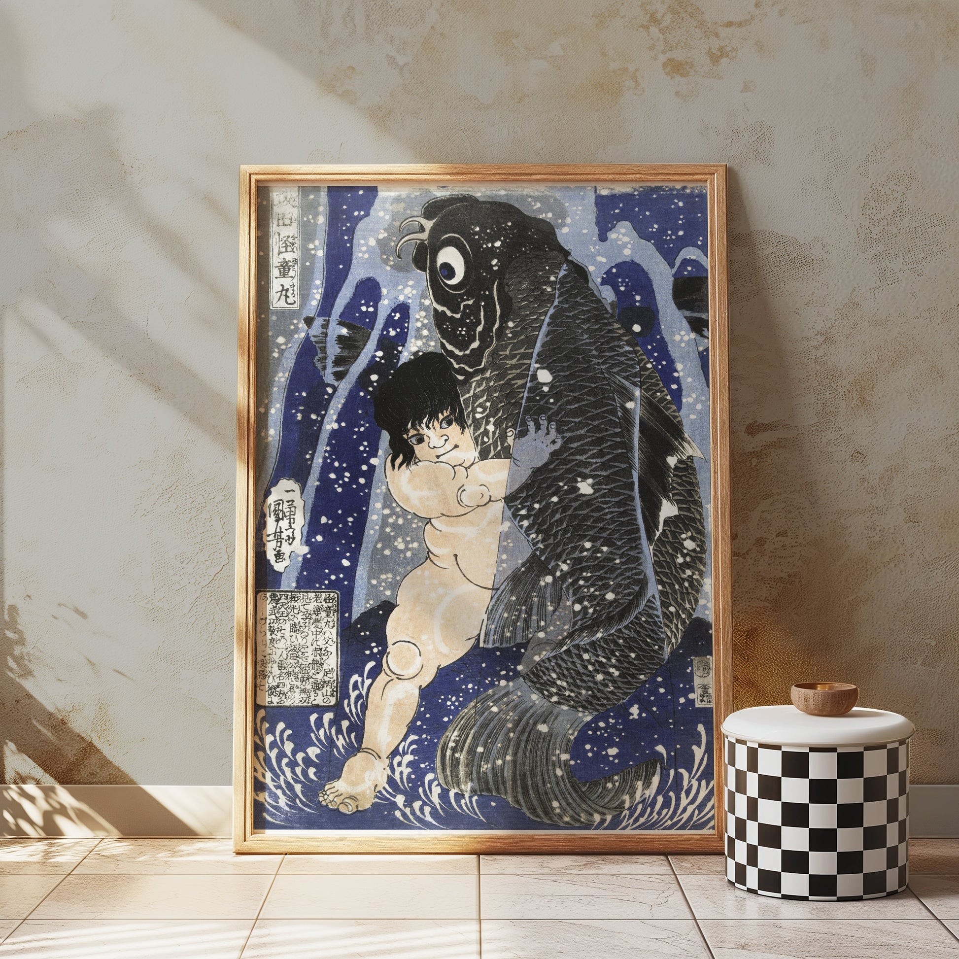 Premium Poster of Traditional Japanese Art Child and Fish Antique Posters