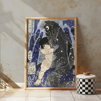 Premium Poster of Traditional Japanese Art Child and Fish Antique Posters