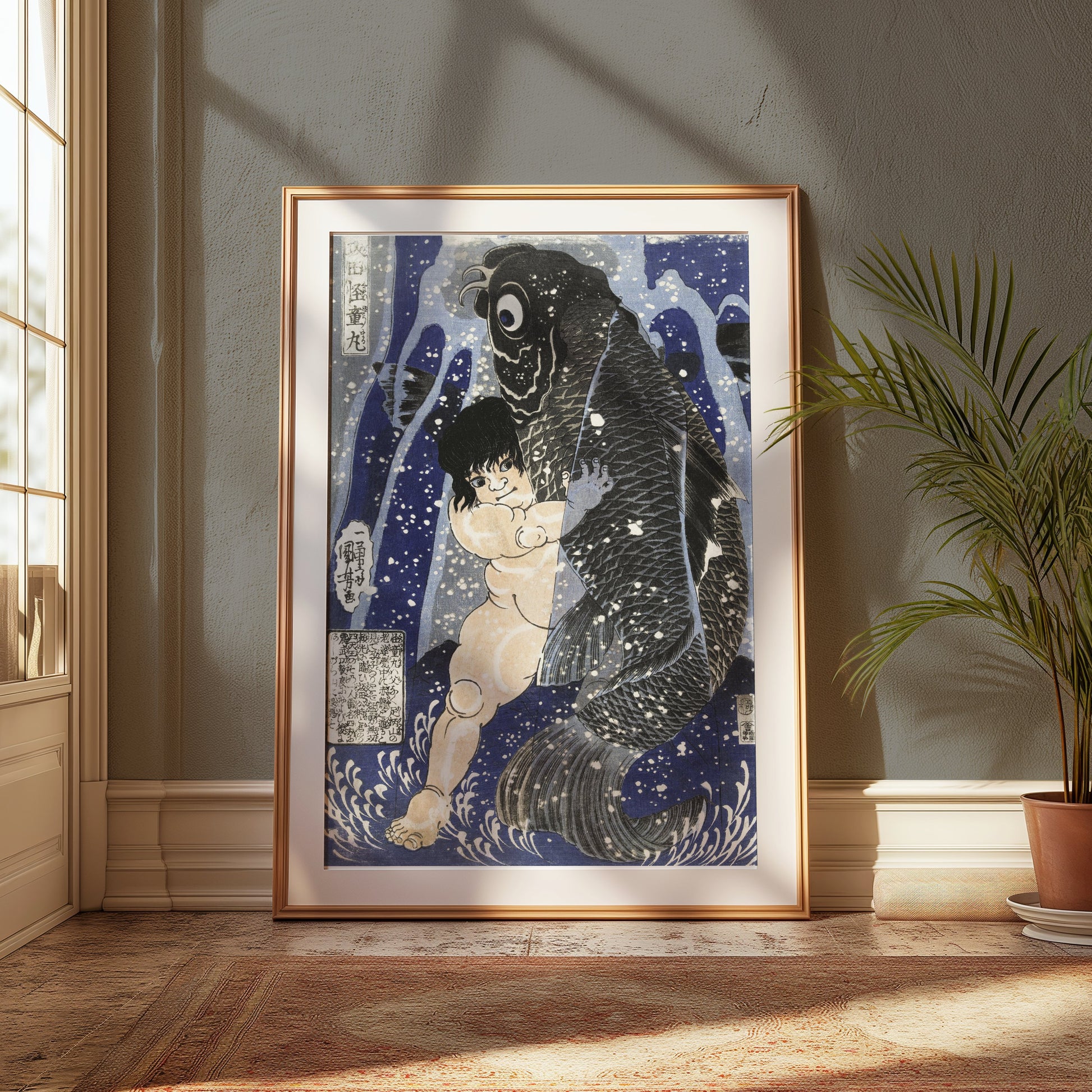 Premium Poster of Traditional Japanese Art Child and Fish Antique Posters