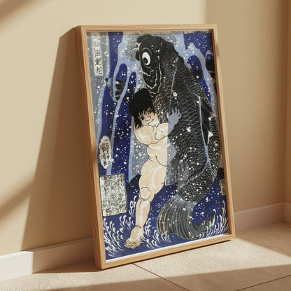 Premium Poster of Traditional Japanese Art Child and Fish Antique Posters