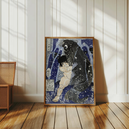 Premium Poster of Traditional Japanese Art Child and Fish Antique Posters