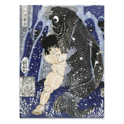 Premium Poster of Traditional Japanese Art Child and Fish Antique Posters