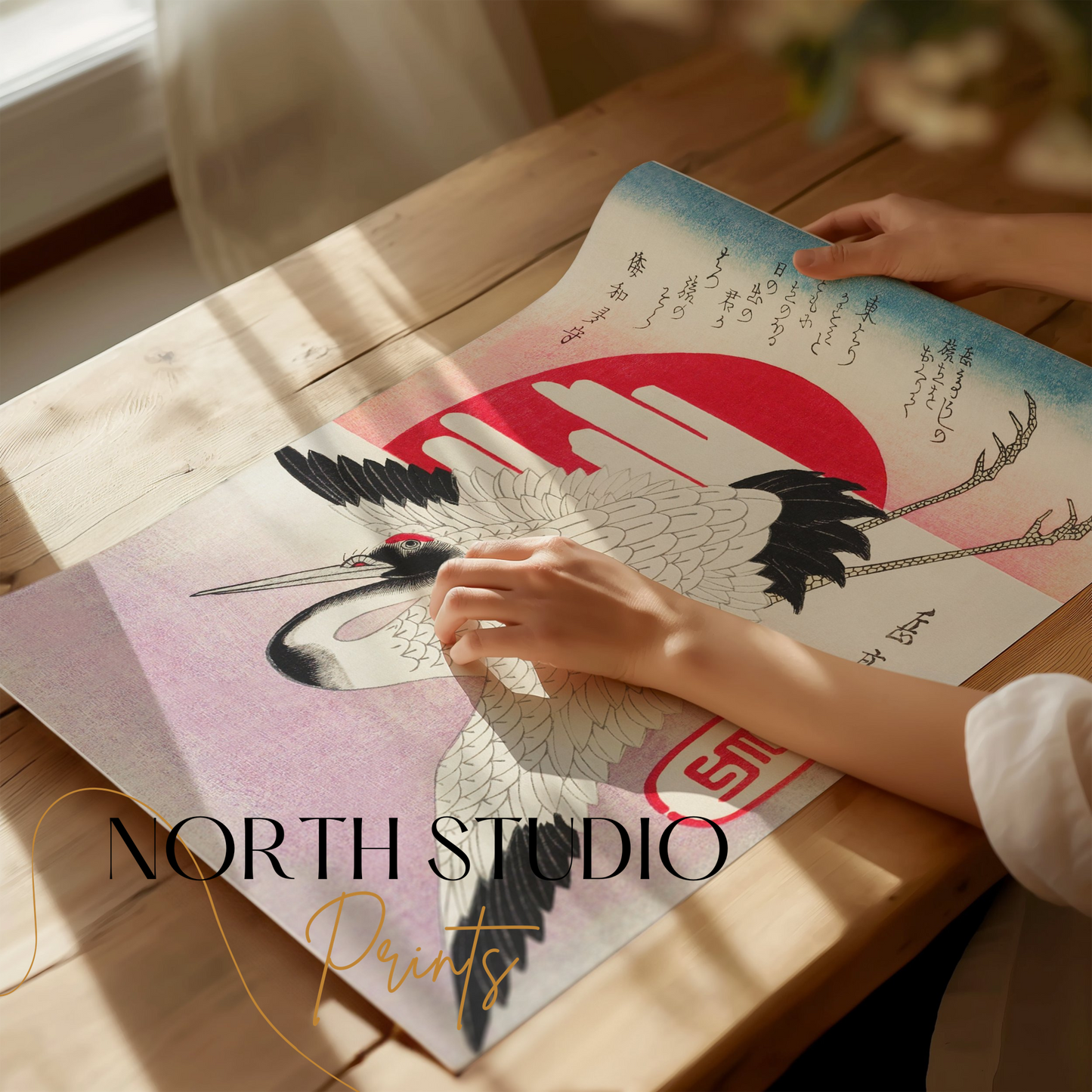 Premium Poster of Traditional Japanese Art Crane Sun Red Ink Posters