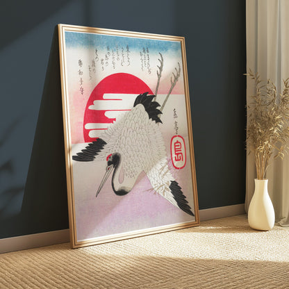 Premium Poster of Traditional Japanese Art Crane Sun Red Ink Posters