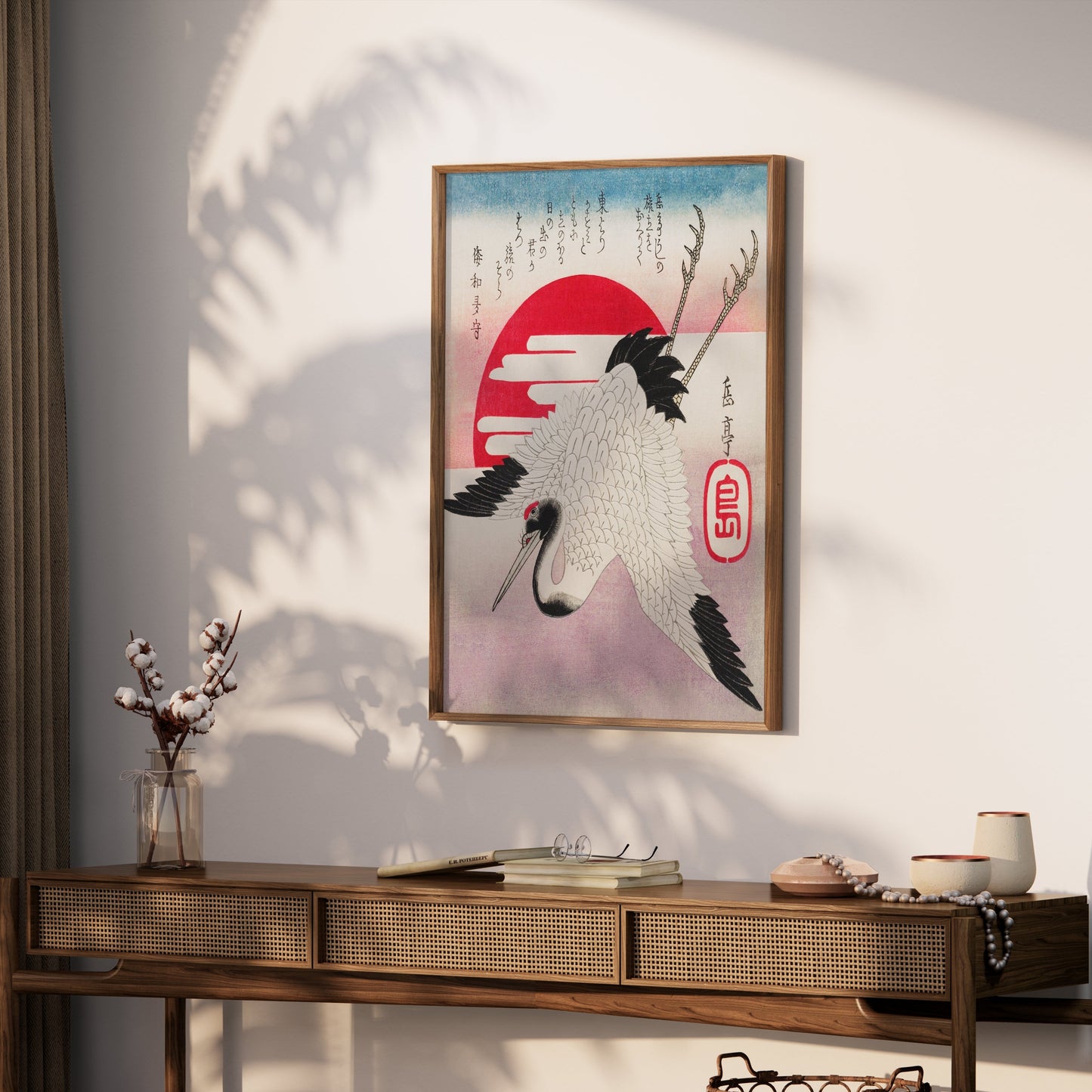 Premium Poster of Traditional Japanese Art Crane Sun Red Ink Posters