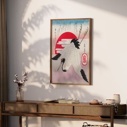 Premium Poster of Traditional Japanese Art Crane Sun Red Ink Posters