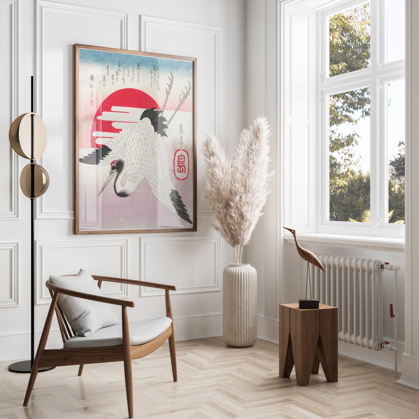 Premium Poster of Traditional Japanese Art Crane Sun Red Ink Posters