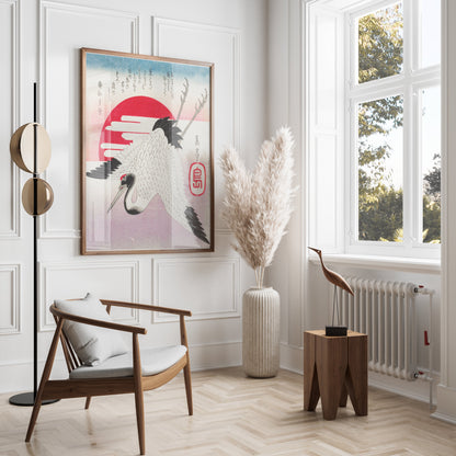 Premium Poster of Traditional Japanese Art Crane Sun Red Ink Posters