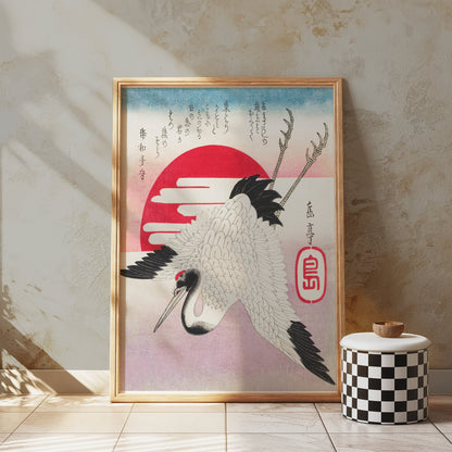 Premium Poster of Traditional Japanese Art Crane Sun Red Ink Posters
