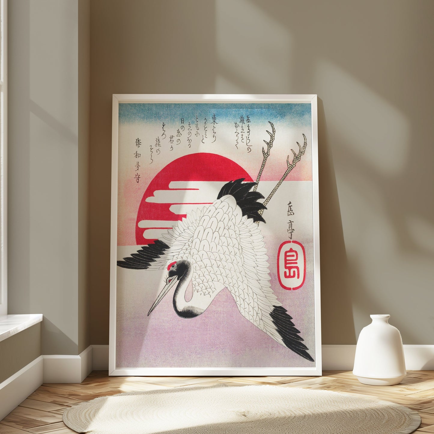 Premium Poster of Traditional Japanese Art Crane Sun Red Ink Posters