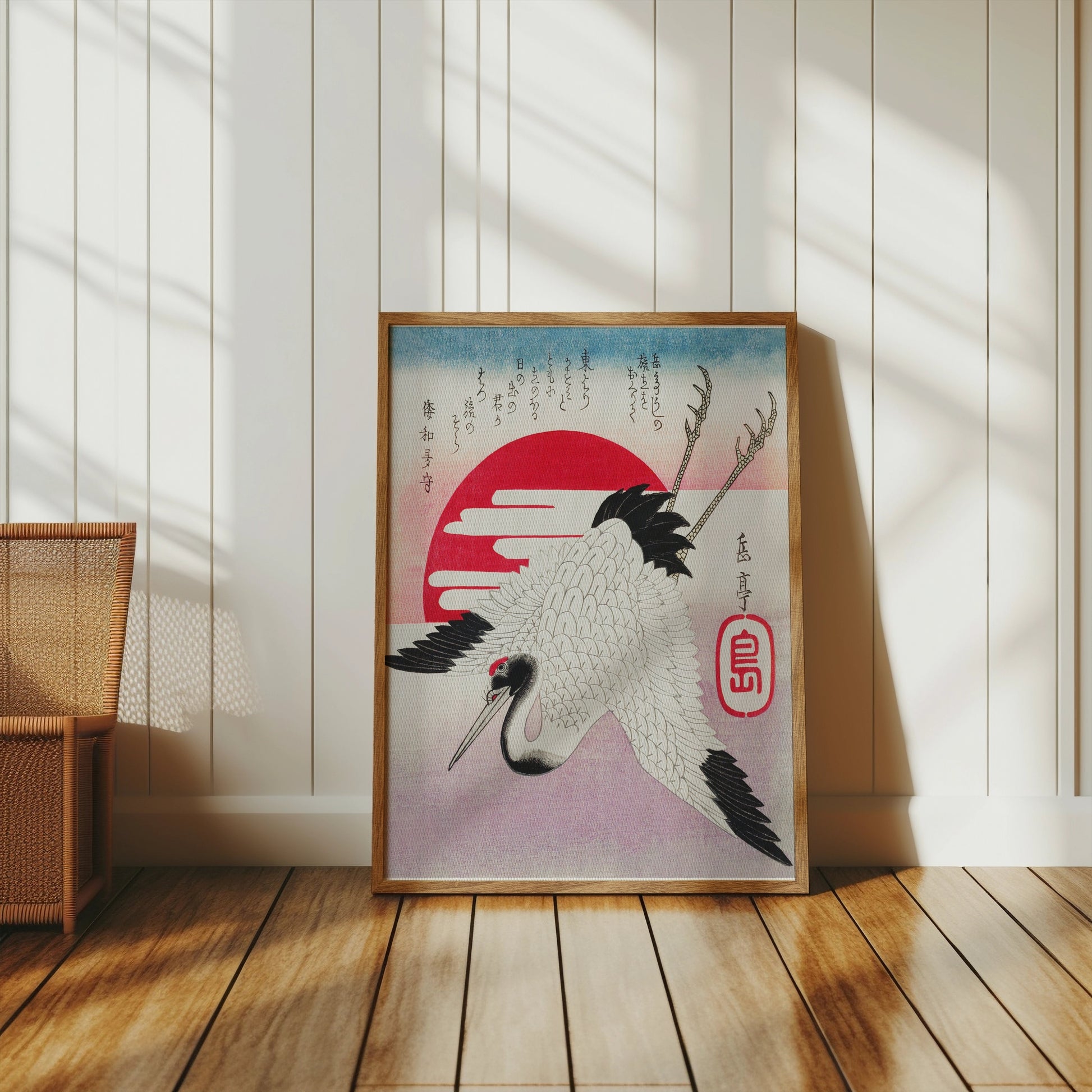 Premium Poster of Traditional Japanese Art Crane Sun Red Ink Posters