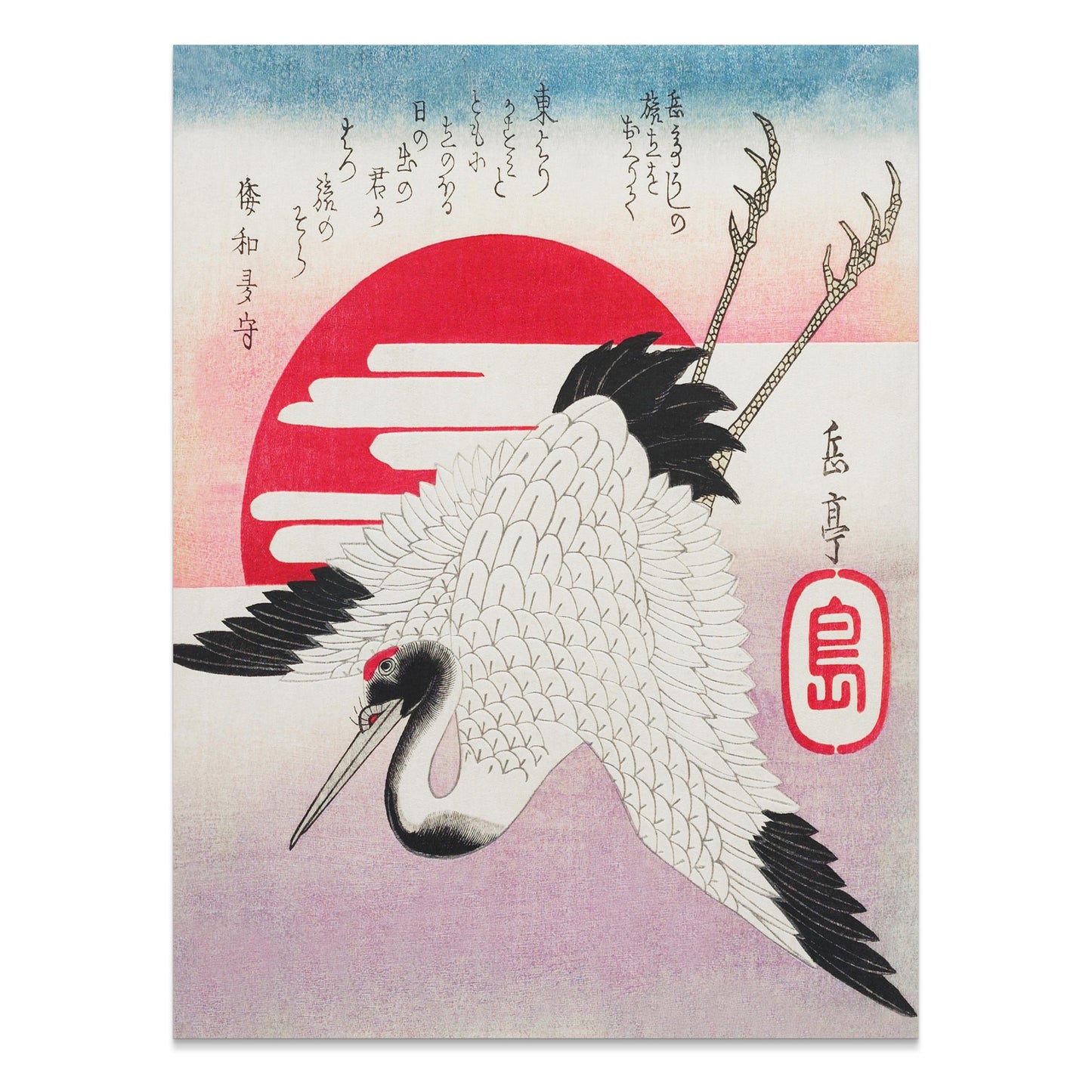 Premium Poster of Traditional Japanese Art Crane Sun Red Ink Posters