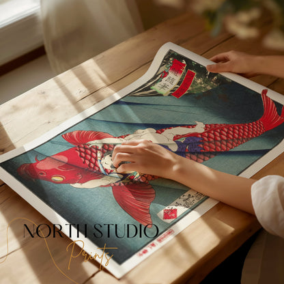Premium Poster of Traditional Japanese Art Fish and Child Design Wall Posters