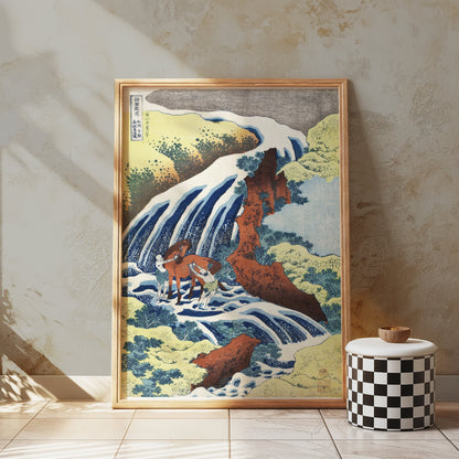Premium Poster of Traditional Japanese Art Horses in Waterfall Posters
