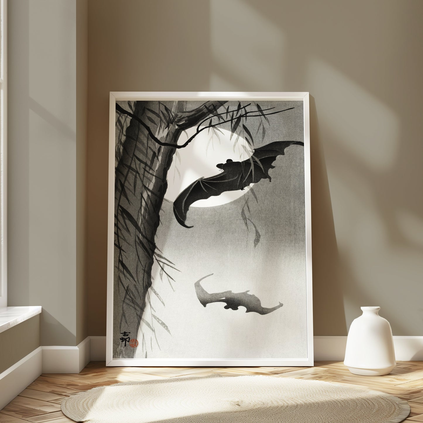 Premium Poster of Traditional Japanese Art with Bats Under Moon Posters