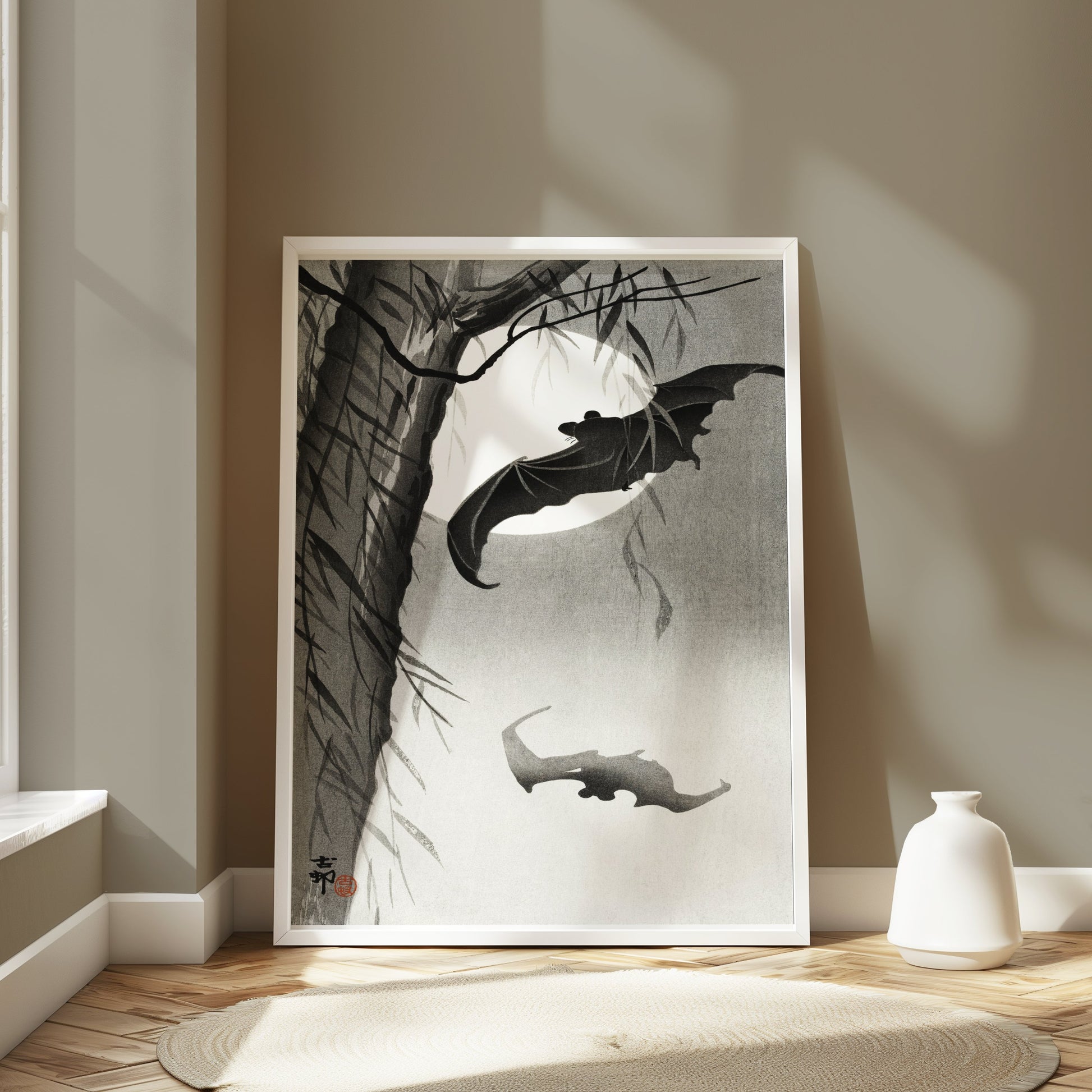 Premium Poster of Traditional Japanese Art with Bats Under Moon Posters