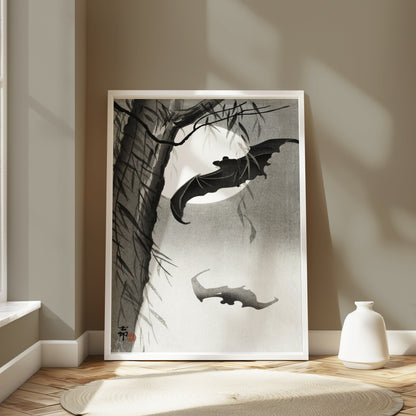 Premium Poster of Traditional Japanese Art with Bats Under Moon Posters