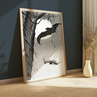 Premium Poster of Traditional Japanese Art with Bats Under Moon Posters