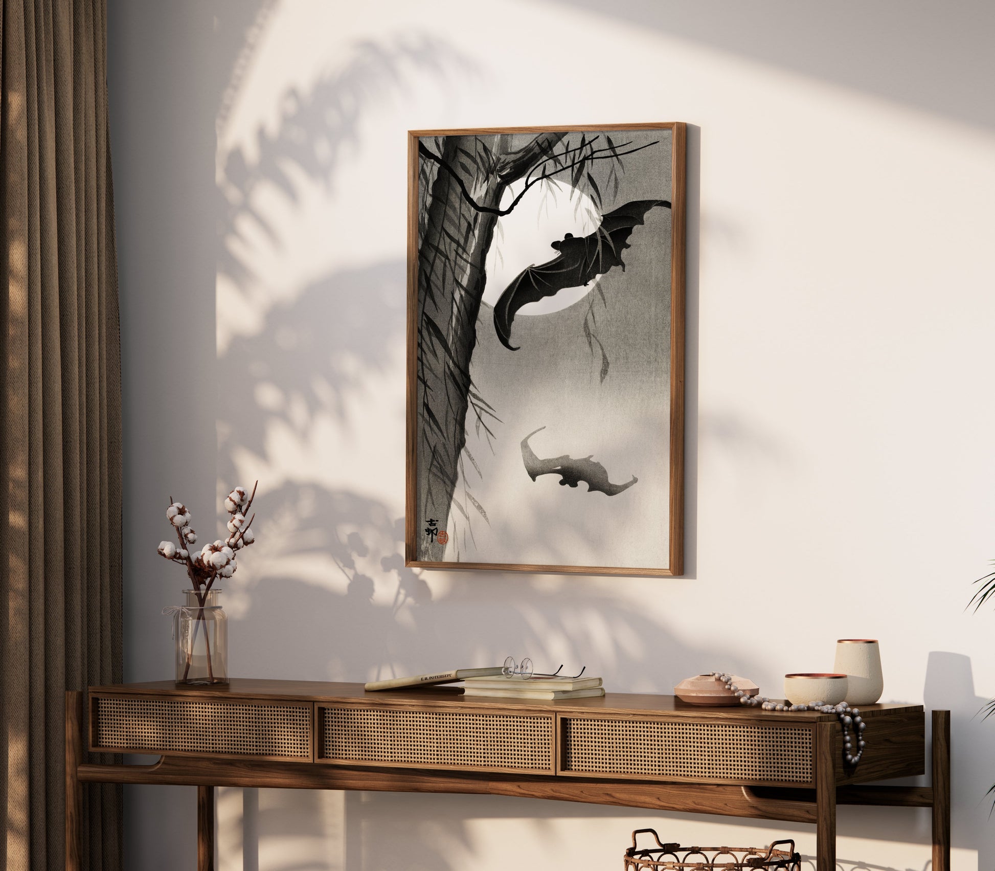 Premium Poster of Traditional Japanese Art with Bats Under Moon Posters