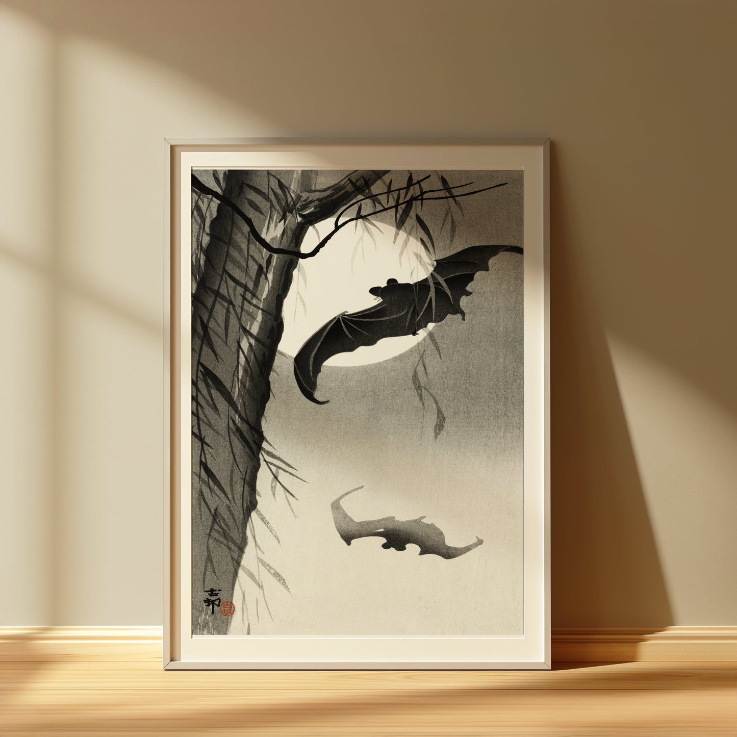 Premium Poster of Traditional Japanese Art with Bats Under Moon Posters