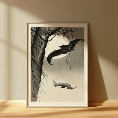 Premium Poster of Traditional Japanese Art with Bats Under Moon Posters