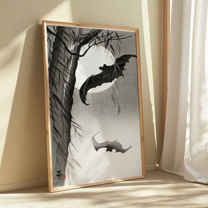 Premium Poster of Traditional Japanese Art with Bats Under Moon Posters