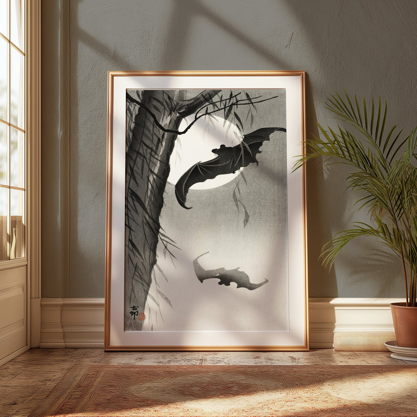 Premium Poster of Traditional Japanese Art with Bats Under Moon Posters
