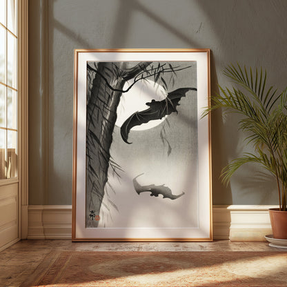 Premium Poster of Traditional Japanese Art with Bats Under Moon Posters