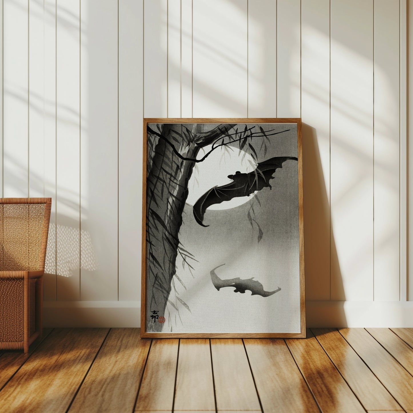 Premium Poster of Traditional Japanese Art with Bats Under Moon Posters