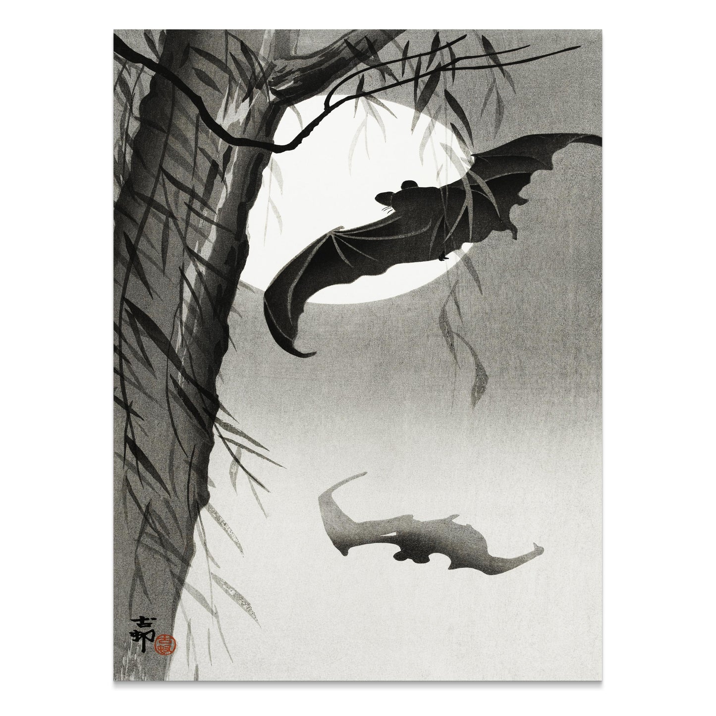 Premium Poster of Traditional Japanese Art with Bats Under Moon Posters