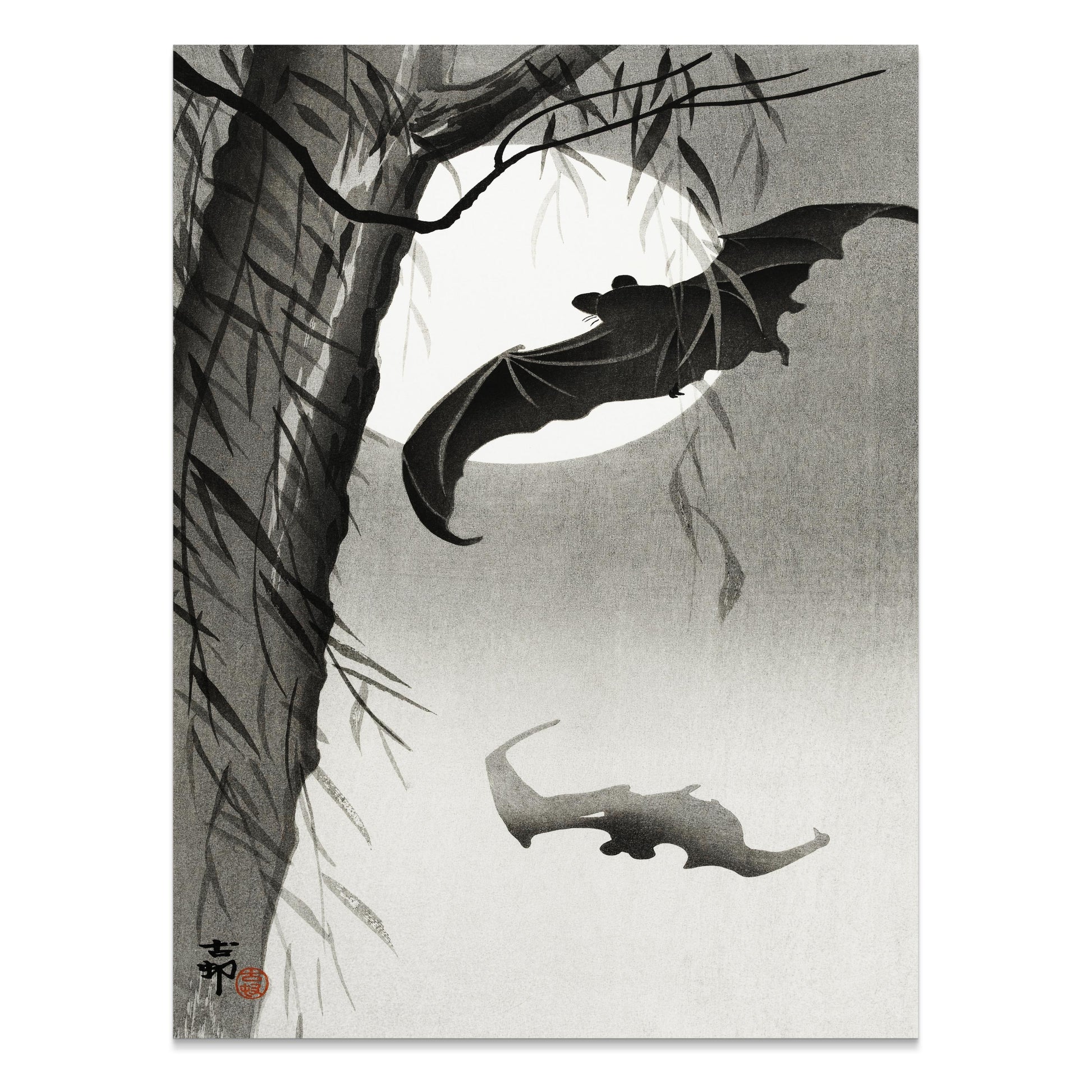 Premium Poster of Traditional Japanese Art with Bats Under Moon Posters