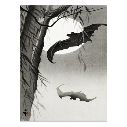 Premium Poster of Traditional Japanese Art with Bats Under Moon Posters