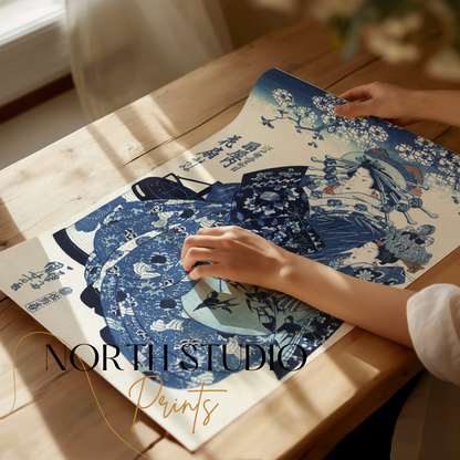 Premium Poster of Traditional Japanese Artwork Blue Themed Decorative Posters