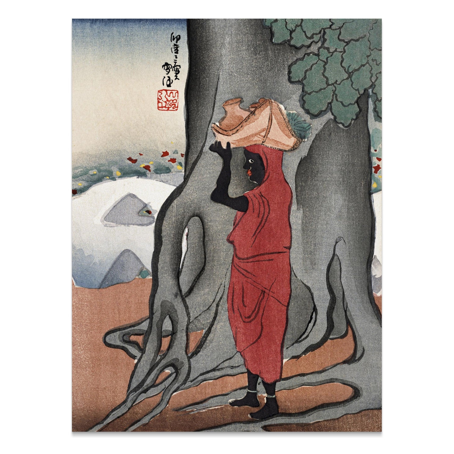 Premium Poster of Traditional Japanese Artwork Woman in Red Dress Posters
