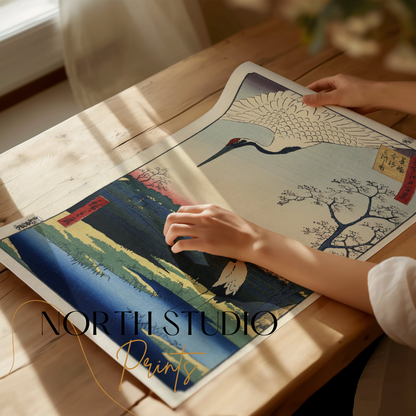Premium Poster of Traditional Japanese Artwork with Cranes Posters
